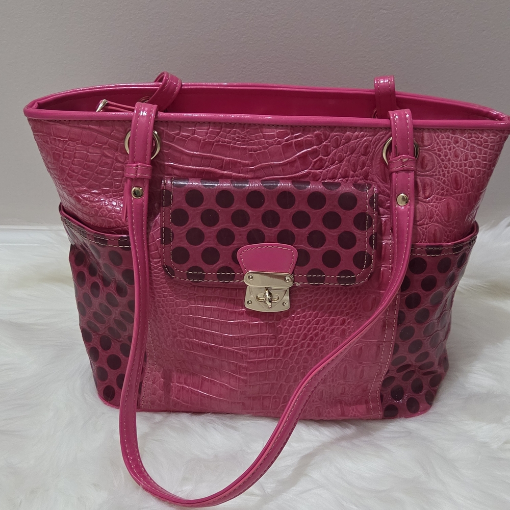 MC Pink Embossed Vegan Leather Crocodile Polka Dot Pattern Tote Bag